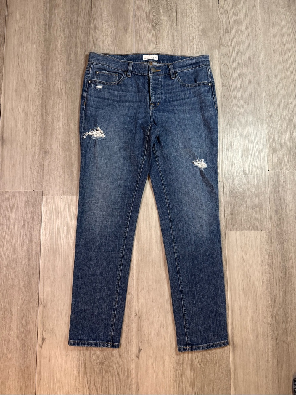 LOFT Boyfriend Jeans Blue Medium Wash Distressed Mid Rise Stretch 5-Pkt 6/28.